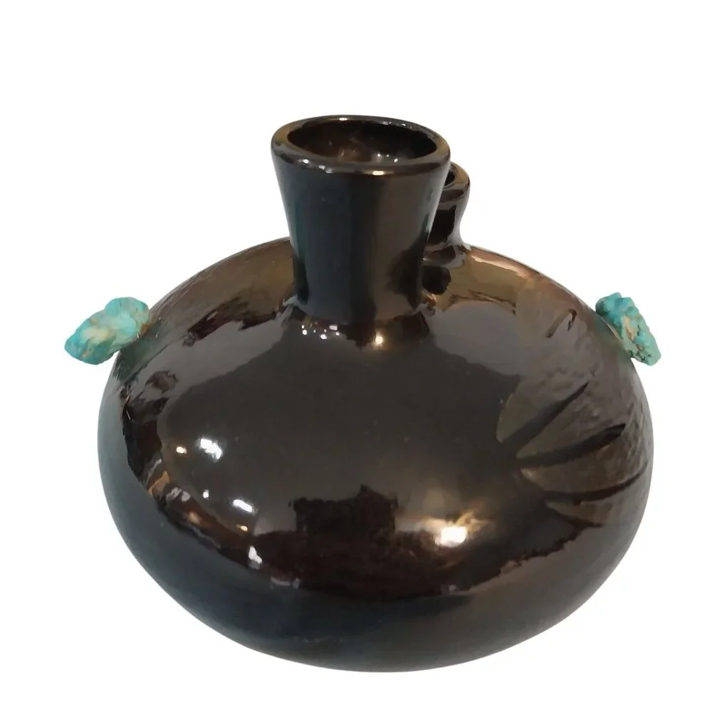 Black Double Spout Vase With Etched Bear Claw and Turquoise Colored Stones